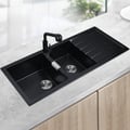Black Quartz Kitchen Sink Double Bowl Drop-In Sink with Drain Board