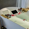 24"-29" Acrylic & Aluminum Extendable Bathtub Tray in Clear & Gold Bathroom Caddy Shelf
