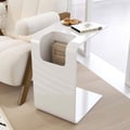 C-Shaped White Convertible Wood Side Table with Storage