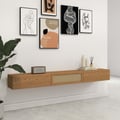 70" Walnut Ash Wood Floating Rattan TV Stand Wall Mount Cane Flip Storage Living Room