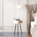 Arc White LED Wooden End Table Tripod Floor Lamp Fabric Shade