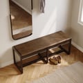 47" Mid-Century Modern Walnut Entryway Bench PU Leather Upholstered Bench Ash Wood Legs