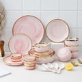 Modern Dinnerware 18-Piece Pink Ceramic Dinnerware Gold Rim