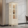 Modern Off-White Faux Leather Bar Cabinet with Light Storage Glass Door Home Bar Cabinet