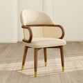Mid-Century Modern Beige Rattan Dining Chair Curved Back Upholstered Faux Leather