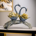 14.2" Blue & Gold Simulation Couple Swan Sculpture Art Ornament Table Statue Decor