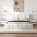 Humply White Leather King Bed Set with 2 Smart Nightstands
