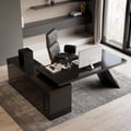 Set Black L-Shape Executive Desk Right Hand Reclining Leather Office Desk Chair (70.9" )