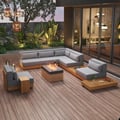 10-Pieces Premium Teak Modular L-Shaped Outdoor Sofa Set with Fire Pit in Gray