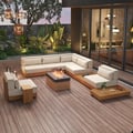 10-Pieces Premium Teak Modular L-Shaped Outdoor Sofa Set with Fire Pit in Beige