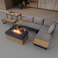Aluminum Wood Outdoor Sectional Sofa & Propane Gas Fire Pit Table With Glass Wind Guard