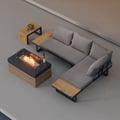 4-Pieces Modular L-Shaped Teak Sectional Outdoor Sofa Set with Fire Pit in Gray