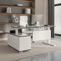 Modern White L-Desk Adjustable Electric Standing Desk Right Hand & Office Chair Set