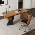 Set Industrial Distressed Wood Writing Desk Black Faux Leather Office Chair (55")