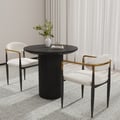 White PU Leather Dining Chairs & Round Small Dining Table Set Black Wood Tabletop