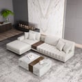 Modular Leather Sectional Sofa Set with Wood Block Coffee Table