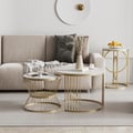 Round 2-Piece Nesting Set Sintered Stone Top White Coffee Table & End Table in Gold