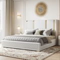 Queen Size Upholstered Bed Frame with Polished Gold and Faux Leather Headboard