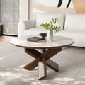 35" Round Travertine Stone Top Solid Wood Coffee Table