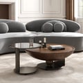 Modern Set Sf 2 Round Coffee Tables In Walnut Finish Made Of MDF And Metal.