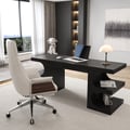 64.2" Black Wooden Writing Desk & White Leather Office Desk Chair Set High Back