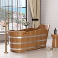 59" Japanese Modern Oval Freestanding Oak Wood Soaking Bathtub Natural