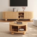 Stria 810mm Round Ash Wood Fluted Coffee Table with Storage 1805mm Wood Fluted TV Stand