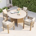 5 Pieces Outdoor Round Cement & Teak Dining Table and Rattan Dining Chair Set