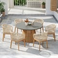 7 Pieces Outdoor Round Gray Cement & Teak Dining Table and Woven Dining Chair Set
