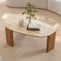 Table basse travertin et bois massif beige géométrique pour usage intérieur et extérieur