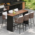 7-Pieces Teak Rectangle Hollow Bar Dining Table & Rope Chair Set