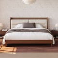 Modern Walnut King Size Solid Wood Bed with Boucle Headboard Pillows