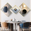 3Pcs Modern Geometric Wall Clock Decor Set Canvas Painting Wall Clocks with Gold Frame