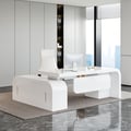 L-shaped Modern Executive Desk & Reclining Leather Office Desk Chair High Back 