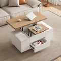 39" Lift-Top Foldable Natural & White Coffee Table with 4 Stools & Storage