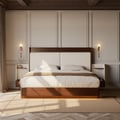 King Solid Wood Bed with Leather Extended Headboard & Floating Smart Nightstand Set
