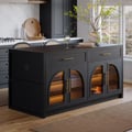 Arune 71" Modern Style Black Kitchen Islands with with Glass Doors & Drawers