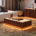 Aura 47" Ash Wood Slatted Coffee Table with Sintered Stone Top