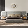 King Size Upholstered Bed with Extended Headboard & Smart Leather Nightstand Set