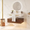 36" Modern Wall-Mounted Bathroom Vanity with LED Light, Walnut Cabinet & Ceramic Sink