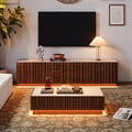 Aura 83" Ash Wood Slatted Walnut TV Stand Coffee Table Set with Sintered Stone Top