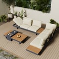 4-Pieces Modular Aluminum & Teak Outdoor Sofa Set with Covers for 6 Person in Gray
