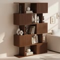 72.8" Walnut Sliding Door Etagere Bookshelf 5-Shelf Tall Book Shelf Rich Storage