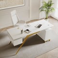 Hungled 1800mm Modern White Computer Desk Luxury Gold Office Desk with Storage & Cabinet