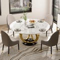 Round Dining Table Sintered Stone Top Gold & Black Pedestal for 6 Person Modern White