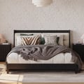 Modern Black Queen Size Solid Wood Bed with Boucle Headboard Pillows