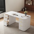 Modern White Ash Wood & Sintered Stone Rectangle Desk with 6 Drawers (63.8")