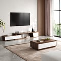 Fero TV Stand Set of Wood White & Walnut Extendable TV Stand & Rectangular Coffee Table