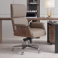 Modern Khaki Home Office Chair Swivel Upholstered Wooden Desk Chair Adjustable Height