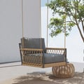 Ropipe Boho 1-Seater Khaki Woven Rope Outdoor Patio Swing Sofa with Gray Cushion